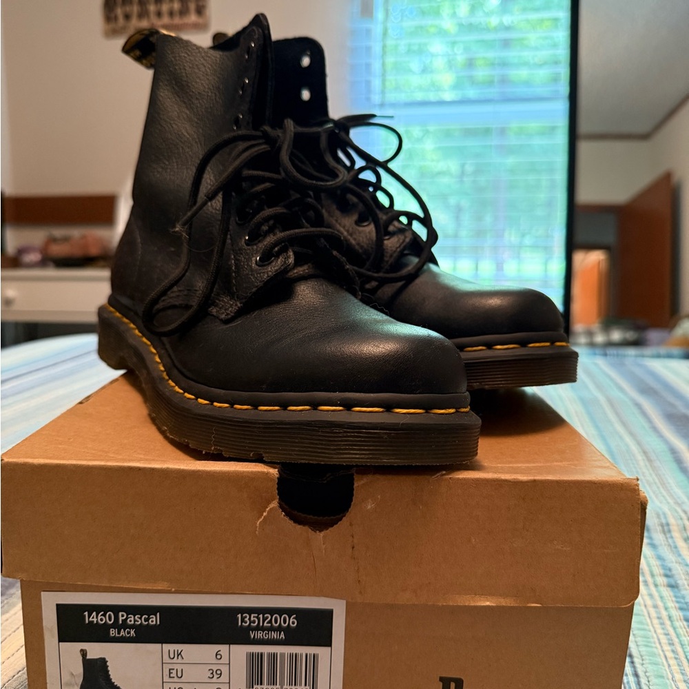 Dr. Martens Black Leather Men's Boots with Yellow Stitching